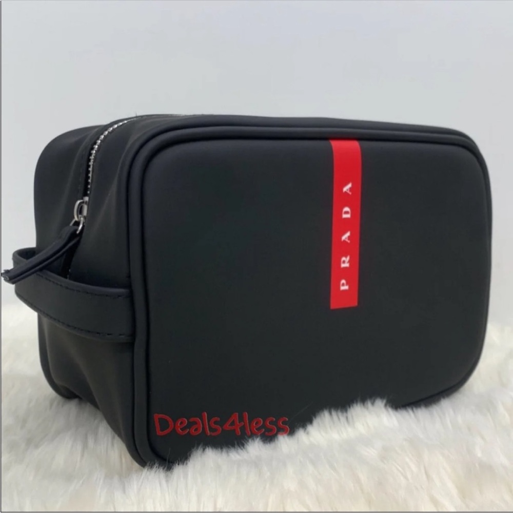 Prada Luna Rossa Black & Red pouch Travel bag Toiletry Dopp Kit Shaving Case - Picture 4 of 6